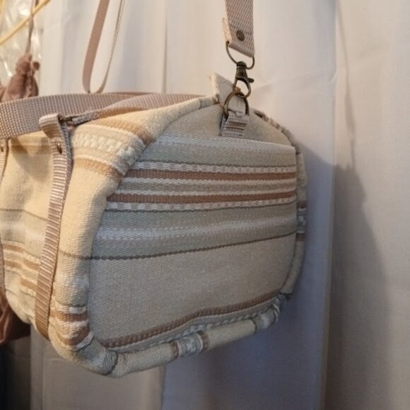 New Canvas Upholstery Mini Duffle Travel Bag Tan Sage embroidered Shoulder Cross - Picture 5 of 13